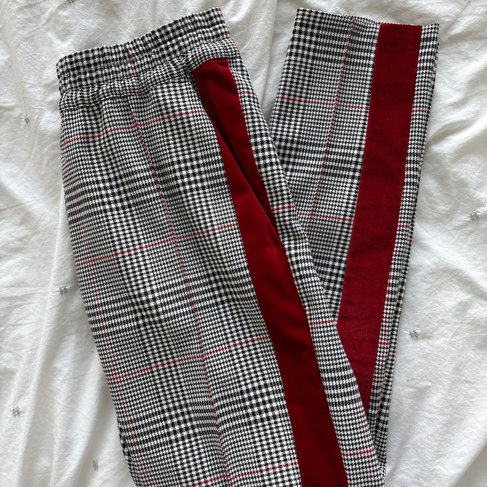 The Kooples Sport designer plaid herringbone pant velvet detail Sz 1 (Small)